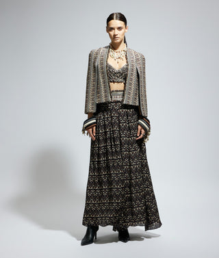 Sva By Sonam And Paras Modi Safar Blue Jaal Print One Shoulder Sari And Jacket available on indiaspopup