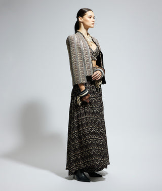 Sva By Sonam And Paras Modi Safar Blue Jaal Print One Shoulder Sari And Jacket available on indiaspopup
