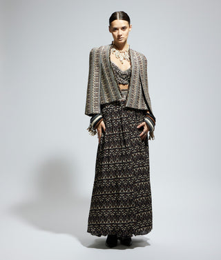 Sva By Sonam And Paras Modi Safar Blue Jaal Print One Shoulder Sari And Jacket available on indiaspopup
