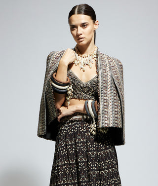 Sva By Sonam And Paras Modi Safar Blue Jaal Print One Shoulder Sari And Jacket available on indiaspopup