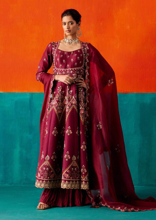 Aman Takyar-Wine Purple Floral Embroidered Anarkali Set-INDIASPOPUP.COM