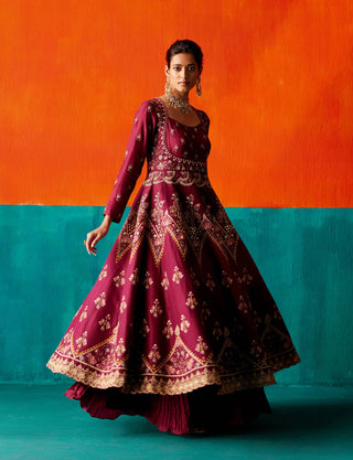 Aman Takyar-Wine Purple Floral Embroidered Anarkali Set-INDIASPOPUP.COM