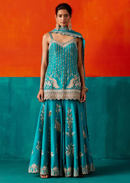 White and Blue Printed Sharara Set main image 0