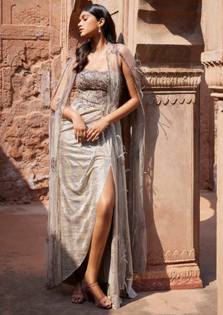 Dolly J-Ismene Pale Gray Drape Gown And Cape-INDIASPOPUP.COM