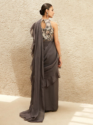 Matsya-Gray Millennial Ruffled Sari And Blouse-INDIASPOPUP.COM