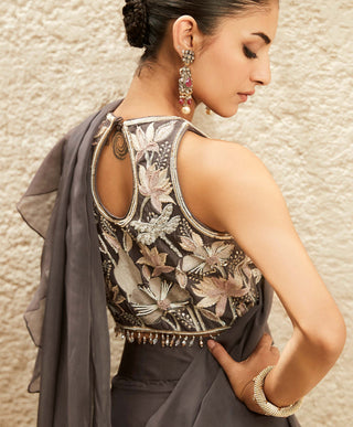 Matsya-Gray Millennial Ruffled Sari And Blouse-INDIASPOPUP.COM