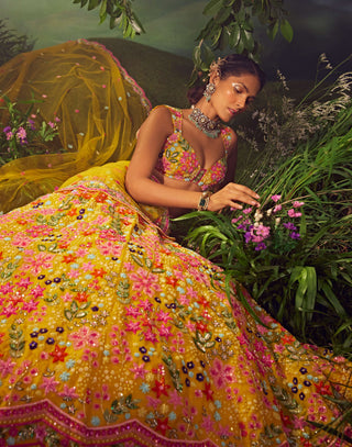 Aneesh Agarwaal-Primrose Yellow Silk Lehenga Set-INDIASPOPUP.COM