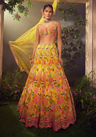 Aneesh Agarwaal-Primrose Yellow Silk Lehenga Set-INDIASPOPUP.COM