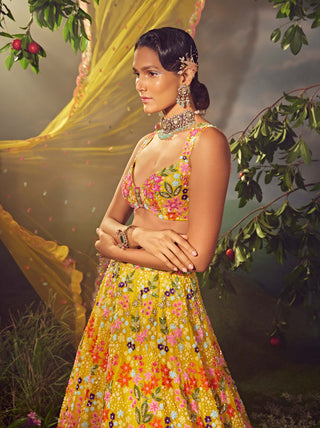 Aneesh Agarwaal-Primrose Yellow Silk Lehenga Set-INDIASPOPUP.COM