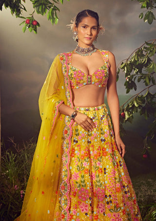 Aneesh Agarwaal-Primrose Yellow Silk Lehenga Set-INDIASPOPUP.COM