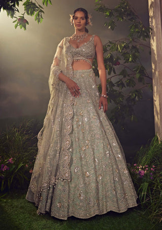 Aneesh Agarwaal-Jade Green Organza Lehenga Set-INDIASPOPUP.COM
