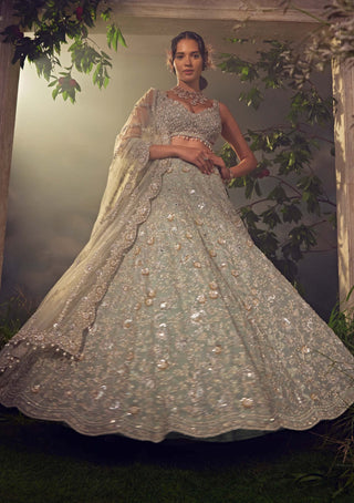 Aneesh Agarwaal-Jade Green Organza Lehenga Set-INDIASPOPUP.COM