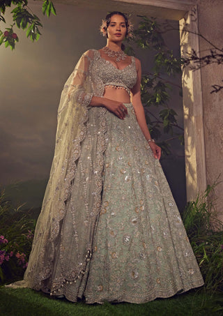 Aneesh Agarwaal-Jade Green Organza Lehenga Set-INDIASPOPUP.COM