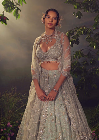 Aneesh Agarwaal-Jade Green Organza Lehenga Set-INDIASPOPUP.COM