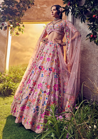 Aneesh Agarwaal-Salmon Pink Organza Embellished Lehenga Set-INDIASPOPUP.COM