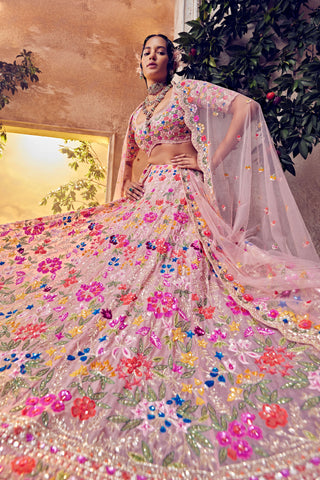 Aneesh Agarwaal-Salmon Pink Organza Embellished Lehenga Set-INDIASPOPUP.COM