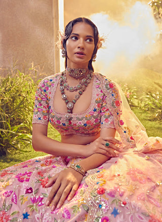 Aneesh Agarwaal-Salmon Pink Organza Embellished Lehenga Set-INDIASPOPUP.COM