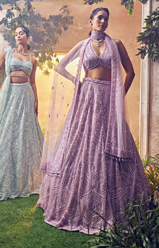 Aneesh Agarwaal-Orchid Tulle Embroidered Lehenga Set-INDIASPOPUP.COM