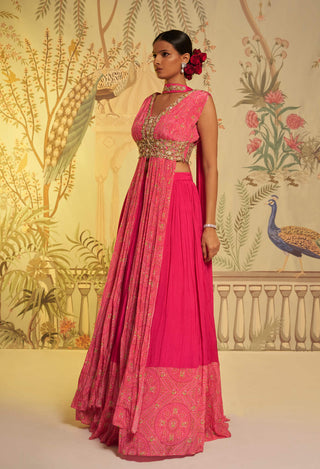Aayushi Maniar-Rani Pink Bandhani Anarkali Lehenga Set-INDIASPOPUP.COM