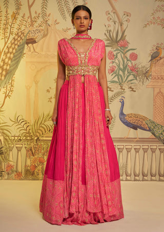 Aayushi Maniar-Rani Pink Bandhani Anarkali Lehenga Set-INDIASPOPUP.COM