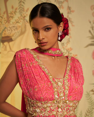 Aayushi Maniar-Rani Pink Bandhani Anarkali Lehenga Set-INDIASPOPUP.COM