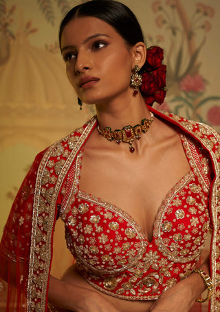 Aayushi Maniar-Red Guldasta Lehenga Set-INDIASPOPUP.COM