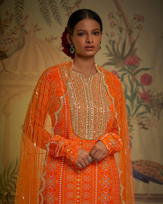 Aayushi Maniar-Tangerine Patola Tunic Gharara Set-INDIASPOPUP.COM