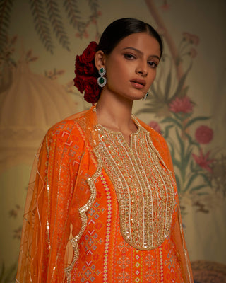 Aayushi Maniar-Tangerine Patola Tunic Gharara Set-INDIASPOPUP.COM