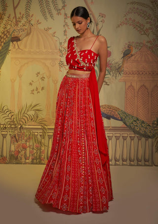 Aayushi Maniar-Red Scarlet One-Shoulder Blouse And Lehenga-INDIASPOPUP.COM