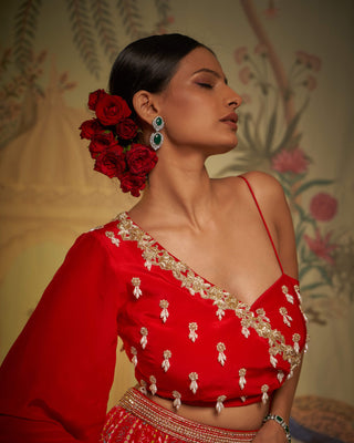 Aayushi Maniar-Red Scarlet One-Shoulder Blouse And Lehenga-INDIASPOPUP.COM