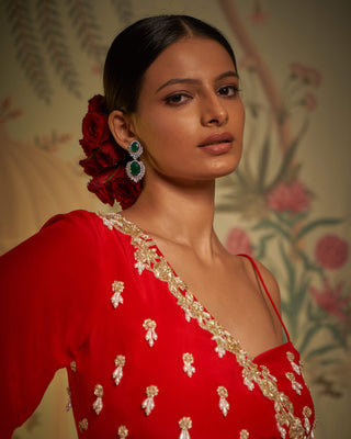 Aayushi Maniar-Red Scarlet One-Shoulder Blouse And Lehenga-INDIASPOPUP.COM