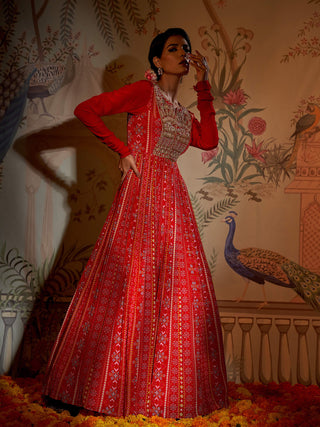 Aayushi Maniar-Red Scarlet Yoke Anarkali And Dupatta-INDIASPOPUP.COM