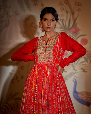 Aayushi Maniar-Red Scarlet Yoke Anarkali And Dupatta-INDIASPOPUP.COM