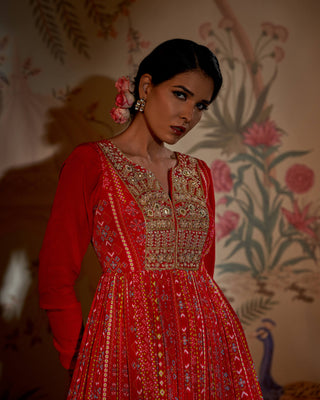 Aayushi Maniar-Red Scarlet Yoke Anarkali And Dupatta-INDIASPOPUP.COM