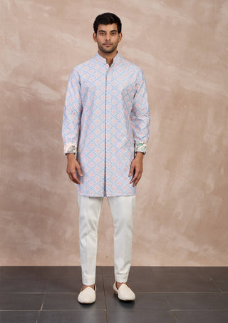Arjan Dugal Powder Blue And Pink Kairos Foe Kurta Set available on indiaspopup