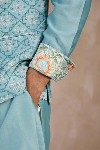 Arjan Dugal Dull Turquoise Plain Chanderi Straight Kurta Set available on indiaspopup