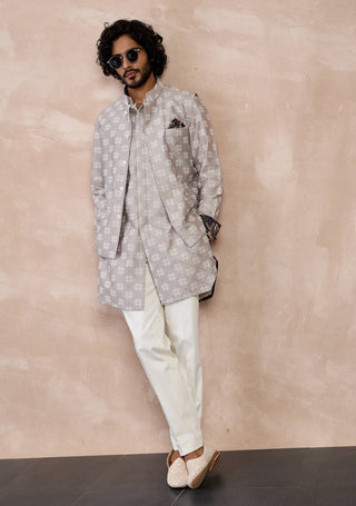 Arjan Dugal Strom Gray Kairos Nehru Jacket Set available on indiaspopup