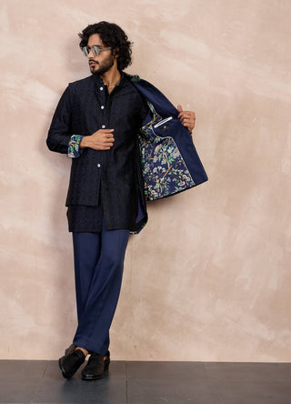 Arjan Dugal Navy And Black Maze Nehru Jacket Foe Set available on indiaspopup