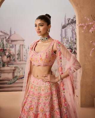 Salmon Pink Embroidered Lehenga Set by Aneesh Agarwaal available on Indiaspopup.com
