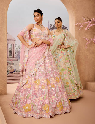 Old Rose Pink Embroidered Lehenga Set by Aneesh Agarwaal available on Indiaspopup.com