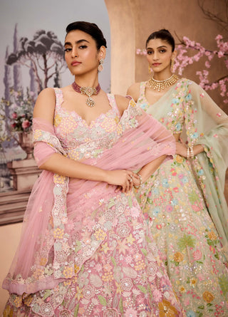 Old Rose Pink Embroidered Lehenga Set by Aneesh Agarwaal available on Indiaspopup.com
