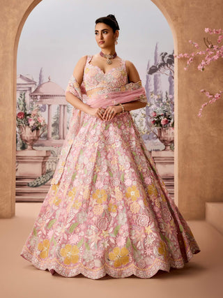 Old Rose Pink Embroidered Lehenga Set by Aneesh Agarwaal available on Indiaspopup.com
