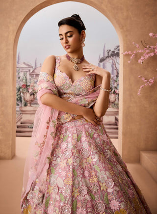 Old Rose Pink Embroidered Lehenga Set by Aneesh Agarwaal available on Indiaspopup.com