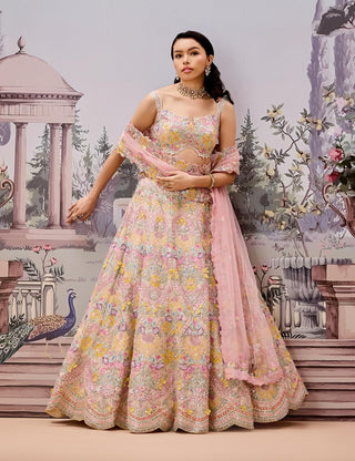 Ivory Handcrafted Floral Lehenga Set by Aneesh Agarwaal available on Indiaspopup.com