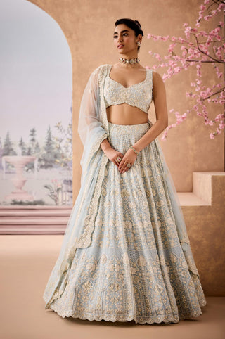 Sky Blue Heritage Pattern Lehenga Set by Aneesh Agarwaal available on Indiaspopup.com