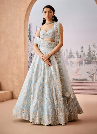 Blue Art Deco Flower Lehenga Set by Aneesh Agarwaal available on Indiaspopup.com
