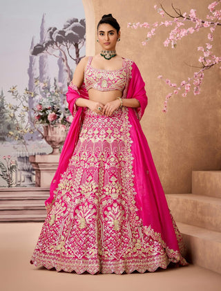 Fuchsia Pink Patterned Lehenga Set by Aneesh Agarwaal available on Indiaspopup.com