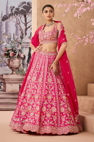Fuchsia Pink Fully Embroidered Lehenga Set by Aneesh Agarwaal available on Indiaspopup.com