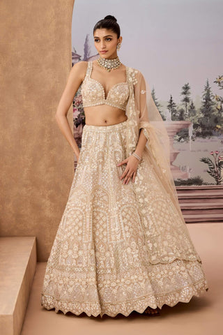 Beige Cream Embroidery Lehenga Set by Aneesh Agarwaal available on Indiaspopup.com