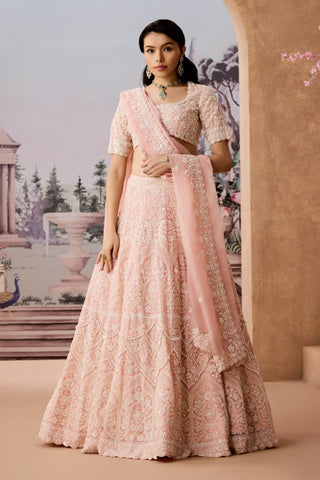 Delicate Peach Embroidered Lehenga Set by Aneesh Agarwaal available on Indiaspopup.com
